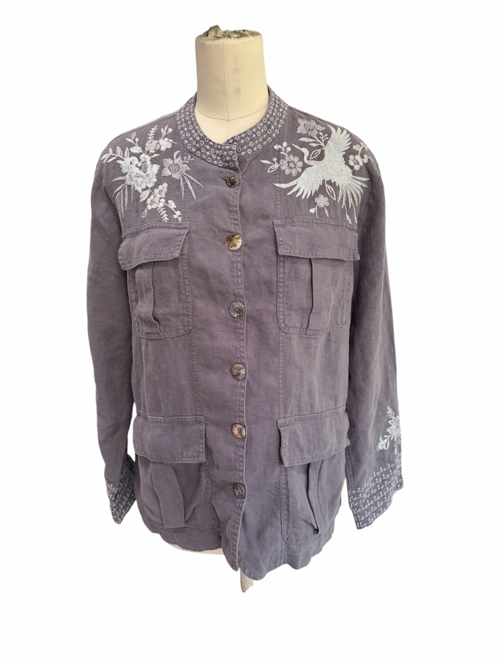 Johnny Was Workshop Gray Embroidered Utility Jacket linen size large